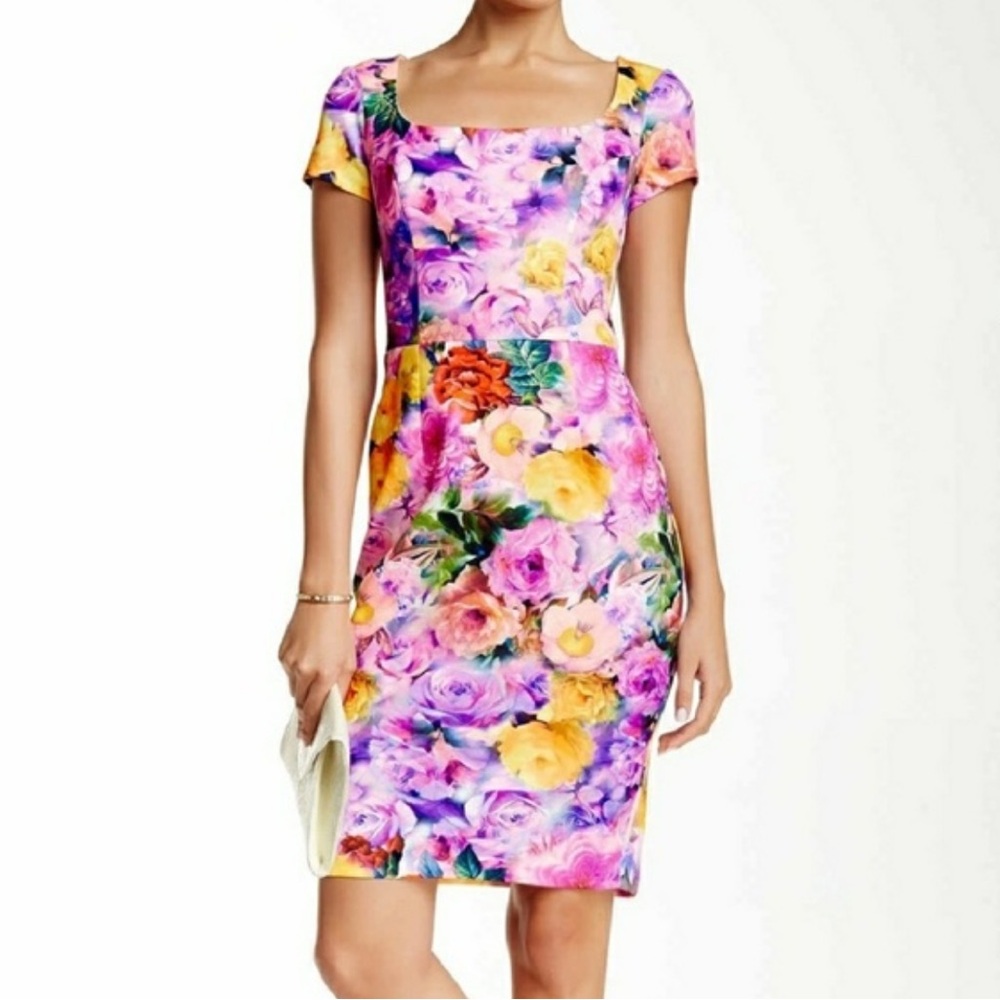 Alexia Admor Floral Sheath Dress Womens Small Purple Pink Yellow Short Sleeve